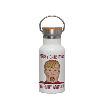 home alone, Merry Christmas ya filthy animal, Metallic thermos (Stainless steel) White with wooden lid (bamboo), double-walled, 350ml