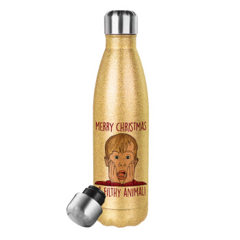 home alone, Merry Christmas ya filthy animal, Glitter gold stainless steel thermos bottle, double-walled, 500ml