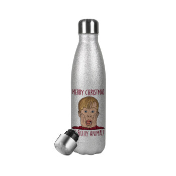 home alone, Merry Christmas ya filthy animal, Metallic Glitter Silver Thermos Flask (Stainless steel), double-walled, 500ml