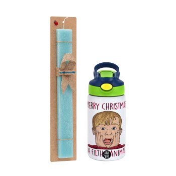 home alone, Merry Christmas ya filthy animal, Easter Set, Children's thermal stainless steel bottle with safety straw, green/blue (350ml) & aromatic flat Easter candle (30cm) (TURQUOISE)