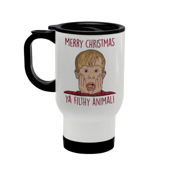 home alone, Merry Christmas ya filthy animal, Stainless steel travel mug with lid, double wall white 450ml