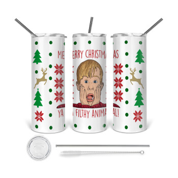 home alone, Merry Christmas ya filthy animal, 360 Eco friendly ποτήρι θερμό (tumbler) από ανοξείδωτο ατσάλι 600ml, με μεταλλικό καλαμάκι & βούρτσα καθαρισμού