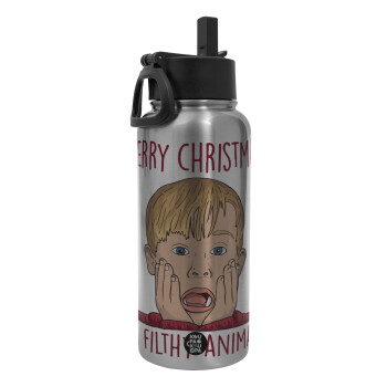 home alone, Merry Christmas ya filthy animal, Metal mug thermo Silver with Straw and Spout Lid (Stainless steel), double wall, 950ml