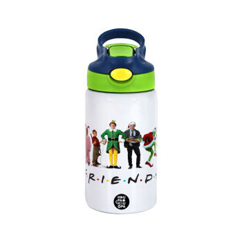 Christmas FRIENDS, Children's hot water bottle, stainless steel, with safety straw, green, blue (350ml)