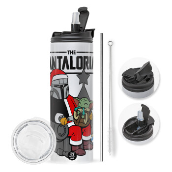 Star Wars Santalorian, Travel Tumbler 2 Lids, with metal straw & cleaning brush (Stainless steel 304 Food grade, BPA free, 600ml)