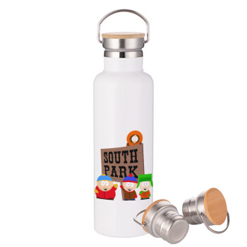 South Park, Stainless steel White with wooden lid (bamboo), double wall, 750ml