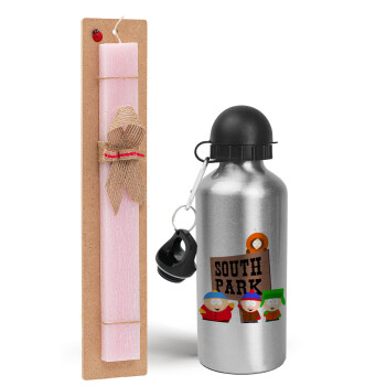 South Park, Easter Set, metallic Silver aluminum water bottle (500ml) & scented flat Easter candle (30cm) (PINK)