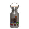 Stainless steel metallic thermos flask, silver with a bamboo lid, double-walled, 350ml.