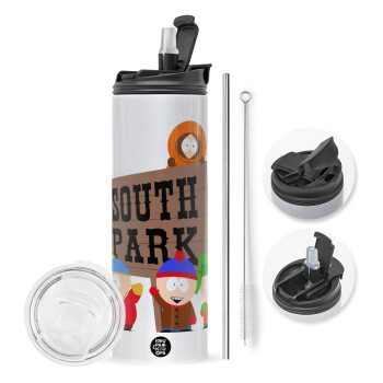 South Park, Travel Tumbler θερμό με διπλό καπάκι, μεταλλικό καλαμάκι και βούρτσα καθαρισμού (Ανωξείδωτο 304 Food grade, BPA free, 600ml)