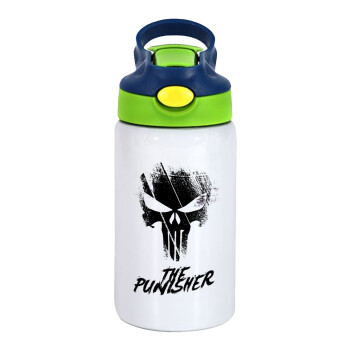 The punisher, Children's hot water bottle, stainless steel, with safety straw, green, blue (350ml)