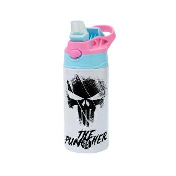 The punisher, Children's hot water bottle, stainless steel, with safety straw, Pink/BlueCiel (360ml) BPA FREE