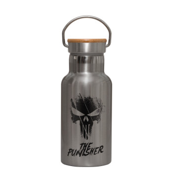 The punisher, Stainless steel metallic thermos flask, silver with a bamboo lid, double-walled, 350ml.