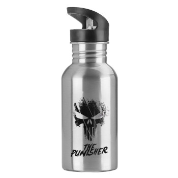 The punisher, Water bottle Silver with straw, stainless steel 600ml