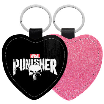 The punisher, Μπρελόκ PU δερμάτινο glitter καρδιά ΡΟΖ