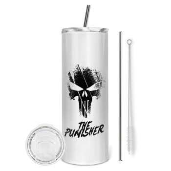 The punisher, Tumbler ποτήρι θερμό από ανοξείδωτο ατσάλι 600ml, με μεταλλικό καλαμάκι & βούρτσα καθαρισμού