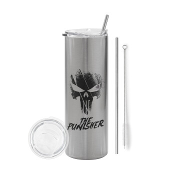 The punisher, Eco friendly stainless steel Silver tumbler 600ml, with metal straw & cleaning brush
