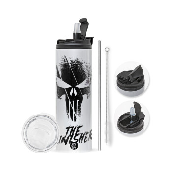 The punisher, Travel Tumbler 2 Lids, with metal straw & cleaning brush (Stainless steel 304 Food grade, BPA free, 600ml)