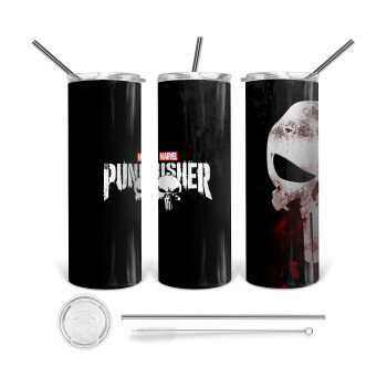 The punisher, Tumbler ποτήρι θερμό από ανοξείδωτο ατσάλι 600ml, με μεταλλικό καλαμάκι & βούρτσα καθαρισμού