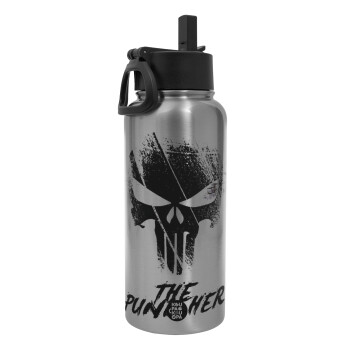 The punisher, Metal mug thermo Silver with Straw and Spout Lid (Stainless steel), double wall, 950ml