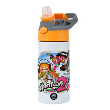 Splatoon 2, Children's hot water bottle, stainless steel, with safety straw, Orange/Grey (360ml) BPA-FREE