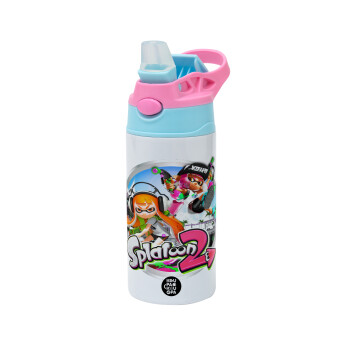 Splatoon 2, Children's hot water bottle, stainless steel, with safety straw, Pink/BlueCiel (360ml) BPA FREE