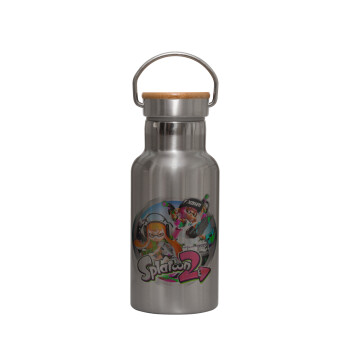 Splatoon 2, Stainless steel metallic thermos flask, silver with a bamboo lid, double-walled, 350ml.