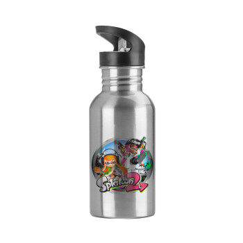 Splatoon 2, Water bottle Silver with straw, stainless steel 600ml