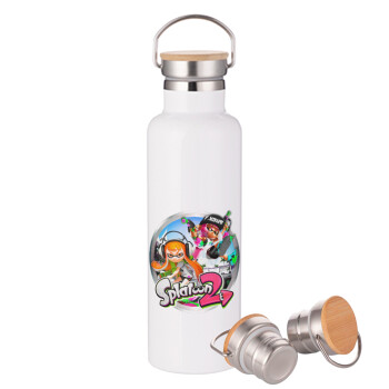 Splatoon 2, Μεταλλικό παγούρι θερμός (Stainless steel) Λευκό με ξύλινο καπακι (bamboo), διπλού τοιχώματος, 750ml