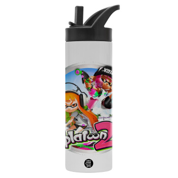 Splatoon 2, Metallic thermos bottle with straw & handle, stainless steel (Stainless steel 304), double-walled, 600ml.