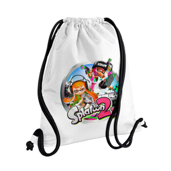 Splatoon 2, Τσάντα πλάτης πουγκί GYMBAG λευκή, με τσέπη (40x48cm) & χονδρά κορδόνια