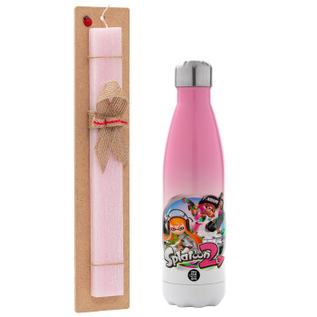 Splatoon 2, Easter Set, Metallic pink/white (Stainless steel) thermos, double-walled, 500ml & aromatic flat Easter candle (30cm) (PINK)