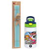 Easter Set, Children's thermal stainless steel bottle with safety straw, green/blue (350ml) & aromatic flat Easter candle (30cm) (TURQUOISE)