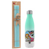 Easter Set, Metallic green/white thermos (Stainless steel), double-walled, 500ml & scented flat Easter candle (30cm) (TURQUOISE)