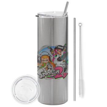 Splatoon 2, Eco friendly stainless steel Silver tumbler 600ml, with metal straw & cleaning brush