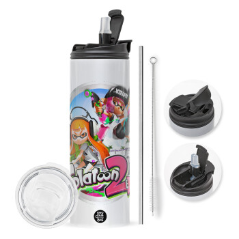 Splatoon 2, Travel Tumbler θερμό με διπλό καπάκι, μεταλλικό καλαμάκι και βούρτσα καθαρισμού (Ανωξείδωτο 304 Food grade, BPA free, 600ml)