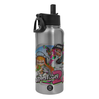 Splatoon 2, Metal mug thermo Silver with Straw and Spout Lid (Stainless steel), double wall, 950ml