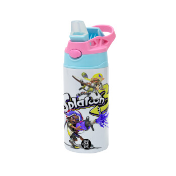 Splatoon 3, Children's hot water bottle, stainless steel, with safety straw, Pink/BlueCiel (360ml) BPA FREE