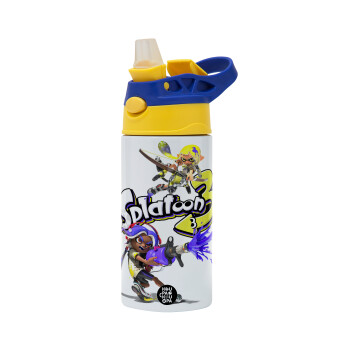 Splatoon 3, Children's hot water bottle, stainless steel, with safety straw, green, blue (360ml) BPA FREE