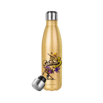 Splatoon 3, Μεταλλικό παγούρι θερμός Glitter χρυσό (Stainless steel), διπλού τοιχώματος, 500ml