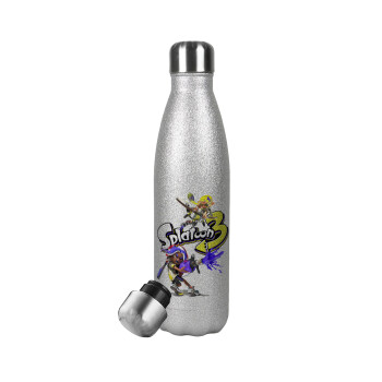 Splatoon 3, Μεταλλικό παγούρι θερμός Glitter Aσημένιο (Stainless steel), διπλού τοιχώματος, 500ml