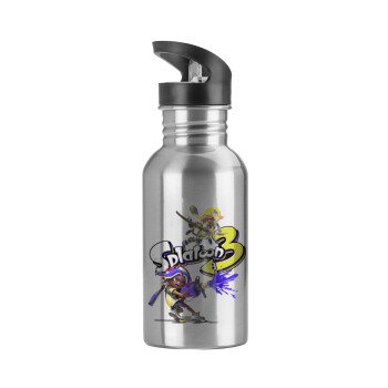 Splatoon 3, Water bottle Silver with straw, stainless steel 600ml