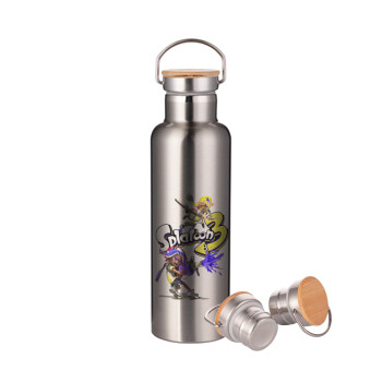 Splatoon 3, Μεταλλικό παγούρι θερμός (Stainless steel) Ασημένιο με ξύλινο καπακι (bamboo), διπλού τοιχώματος, 750ml