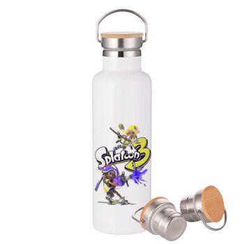 Splatoon 3, Μεταλλικό παγούρι θερμός (Stainless steel) Λευκό με ξύλινο καπακι (bamboo), διπλού τοιχώματος, 750ml