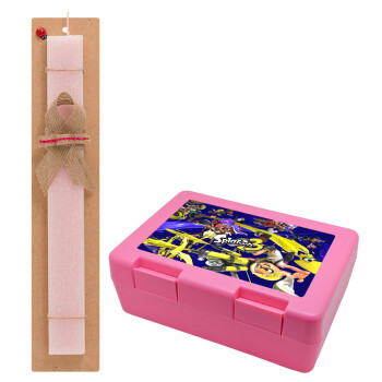 Splatoon 3, Easter Set, children's snack container PINK & scented flat Easter candle (30cm) (PINK)