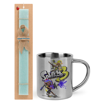 Splatoon 3, Easter Set, metallic thermal cup (300ml) & aromatic flat Easter candle (30cm) (TURQUOISE)