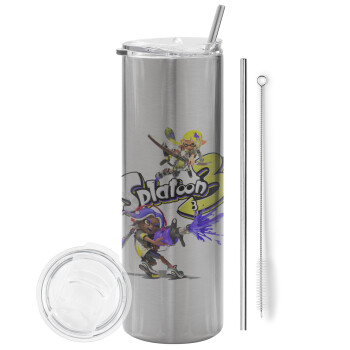 Splatoon 3, Eco friendly ποτήρι θερμό Ασημένιο (tumbler) από ανοξείδωτο ατσάλι 600ml, με μεταλλικό καλαμάκι & βούρτσα καθαρισμού