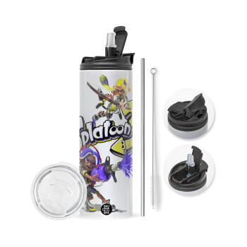 Splatoon 3, Travel Tumbler θερμό με διπλό καπάκι, μεταλλικό καλαμάκι και βούρτσα καθαρισμού (Ανωξείδωτο 304 Food grade, BPA free, 600ml)