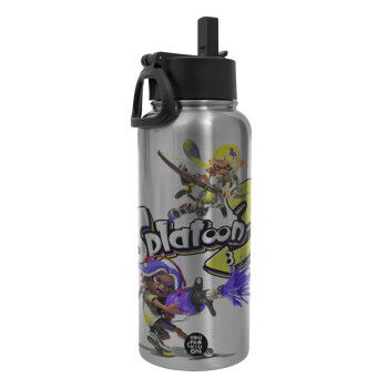 Splatoon 3, Μεταλλικό παγούρι θερμός Silver με καλαμάκι και χερούλι (Stainless steel), διπλού τοιχώματος, 950ml