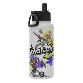 Splatoon 3, Μεταλλικό παγούρι θερμός Λευκό με καλαμάκι και χερούλι (Stainless steel), διπλού τοιχώματος, 950ml