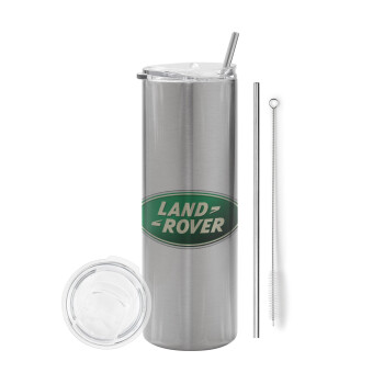 Land Rover, Eco friendly ποτήρι θερμό Ασημένιο (tumbler) από ανοξείδωτο ατσάλι 600ml, με μεταλλικό καλαμάκι & βούρτσα καθαρισμού
